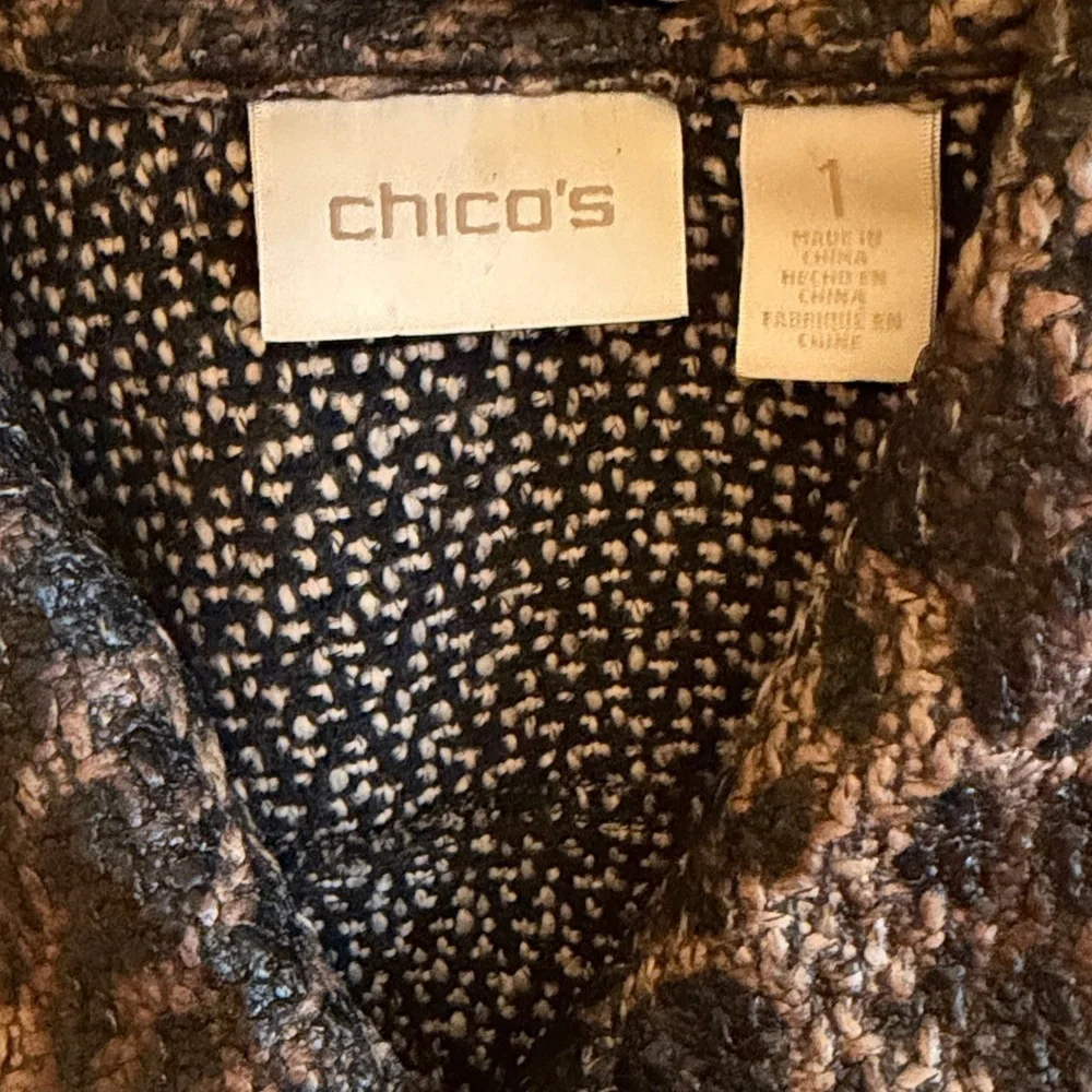 Chico's women vest medium 8 Leopard cheetah Zip-Front Vest Black Brown tan top